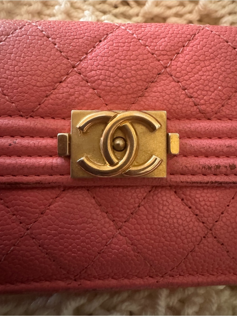 Authentic Chanel Boy Pink Caviar Leather Trifold Wallet Aged Gold Hardware - Picture 12 of 16